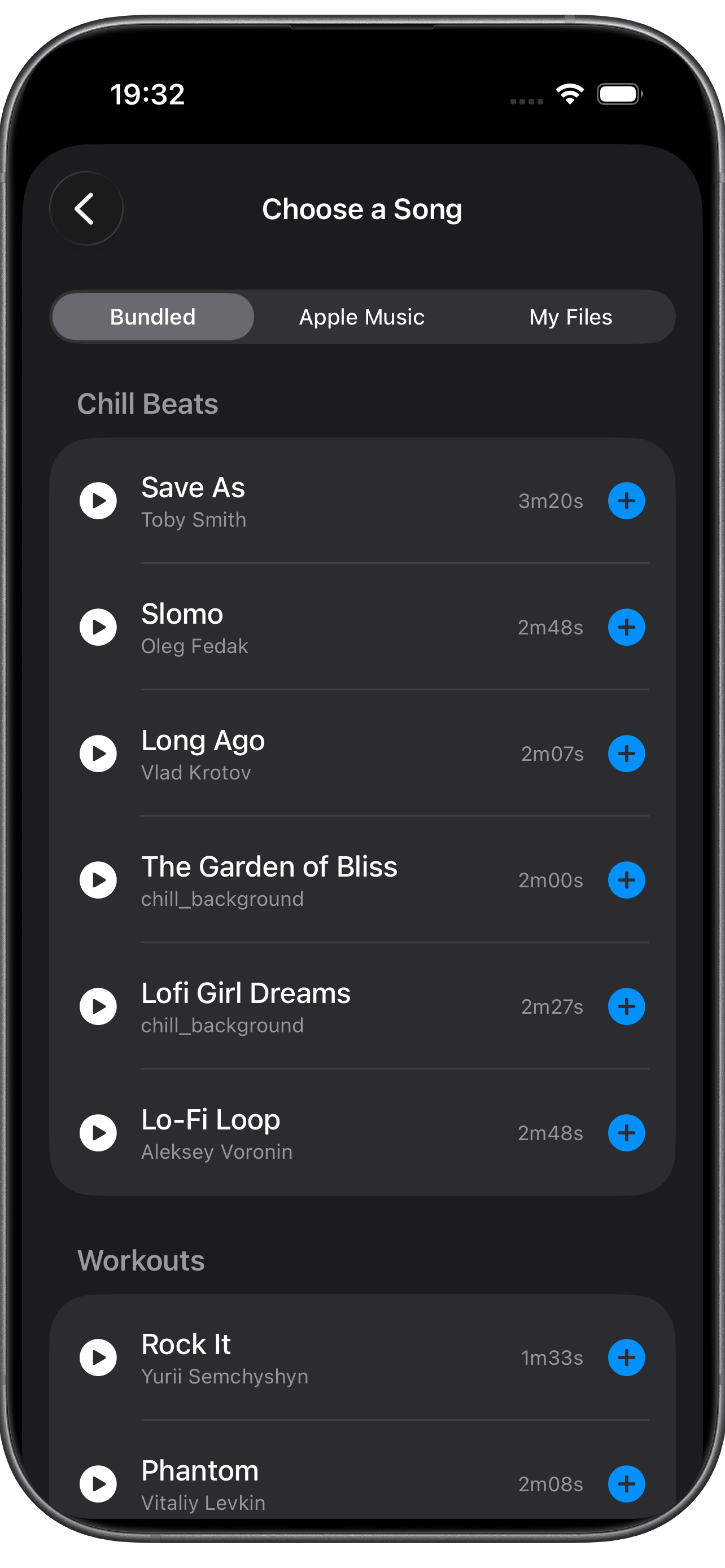 Choosing a song — bundled, Apple Music, or local files tabs